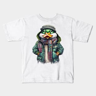 Duck wearing a jacket cap and a scarf Kids T-Shirt